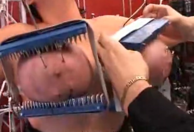 agujas, compresión, tetas, esclava, dolor, extremo